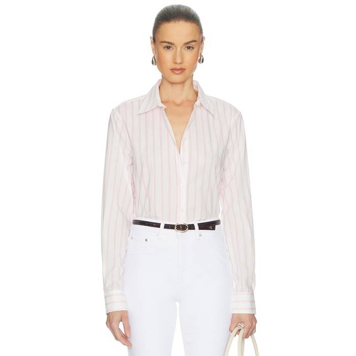 Perfectwhitetee 【 Poplin Slim Fit Button Down Women Sugar Pink Stripe 】 slim か細い 落ち込む レディース pink サクラ色 Stripe 縞模様