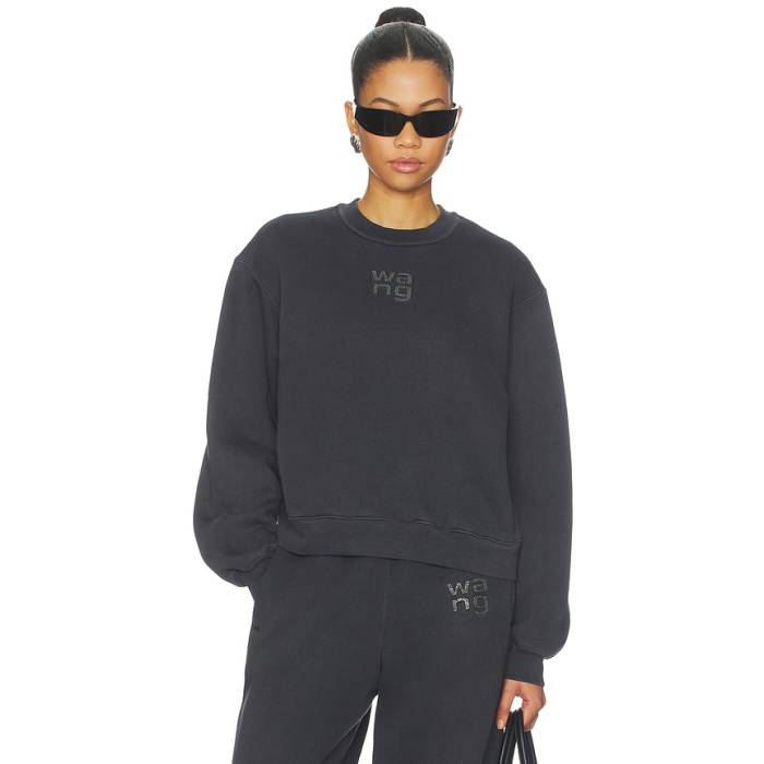アレキサンダーワン Alexander Wang 【 Hotfix Logo Sweatshirt Women Washed Black 】 ロゴタイプ 汗水 調教師 レディース 黒いこと 黒いこと