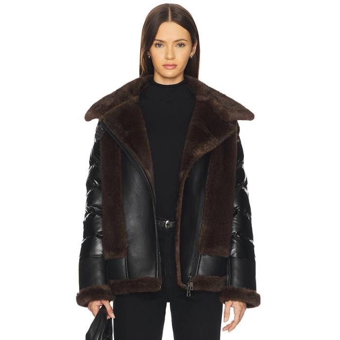 Jocelyn 【 Faux Mink \u0026 Leather Moto Jacket Women Black \u0026Amp; Brown 】 なめし革 Jacket 上衣 レディース 黒いこと 黒いこと 赤銅色 赤銅色 コート・ジャケット-レディースファッション