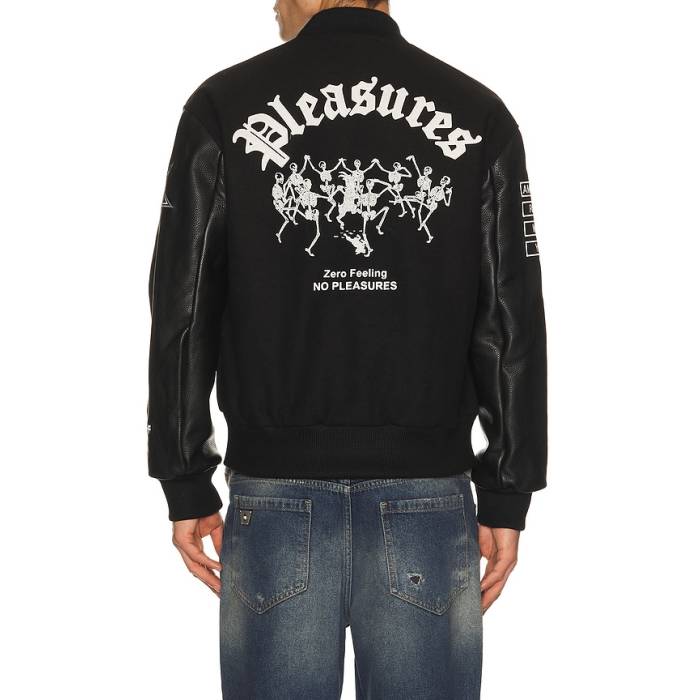 プレジャーズ Pleasures 【 X Zero Skateboards Varsity Jacket Men Black 】 皆無 滑るゲーム盤 Jacket 上衣 メンズ 黒いこと 黒いこと