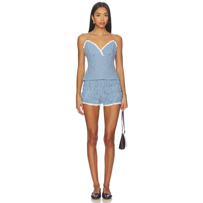 More To Come 【 Amanda Ruched Bloomer Set Women Navy Gingham 】 レディース 紺色 米国海軍