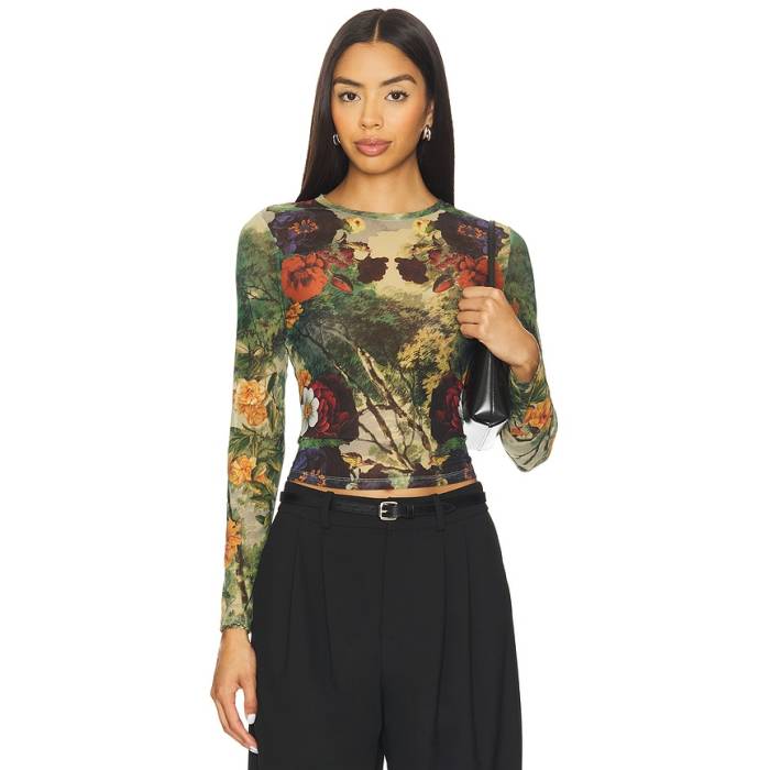 アリスアンドオリビア Alice + Olivia 【 Delaina Printed Mesh Long Sleeve Crop Top Women Forbidden Forest 】 Sleeve 捩り Crop クロップ レディース フォレスト