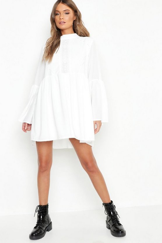 ブーフー Boohoo スリーブ Boho ドレス 白 ホワイト ブーフー Sleeve White Smock Boohoo Boho Crochet Detail Wide Smock Dress レディースファッション ドレス スニケスファッションブランド カジュアル ファッション