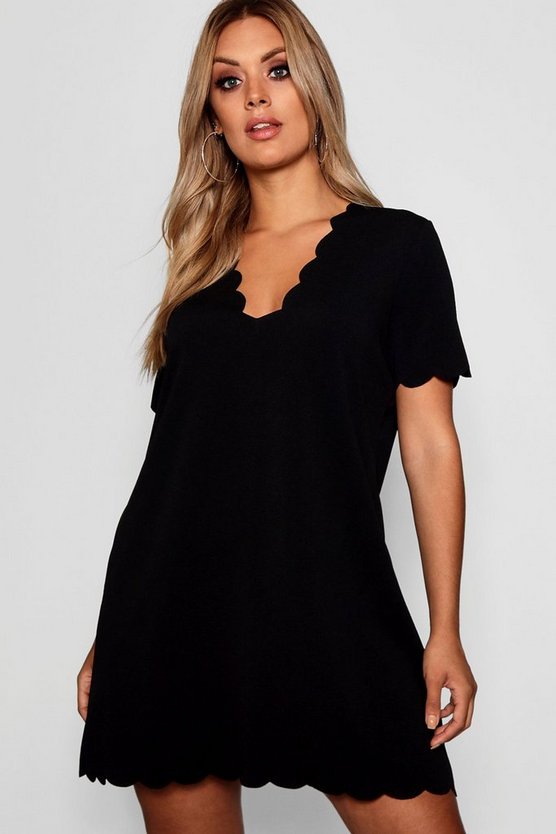 Shift ドレス Black ファッションブランド Scallop ブーフー Basics Plus ファッション ブラック ワンピース カジュアル V Black レディース Boohoo Neck スニケス Plus 黒色 Dress Edge