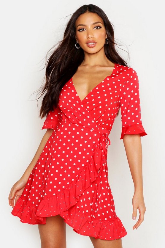 100 安い ワンピース Boohoo ブーフー ラップ ワンピース レディースファッション Dress Tea Front Dot Polka Mixed Boohoo Red Wrap レッド 赤 ドレス Www Ernestokruger Com