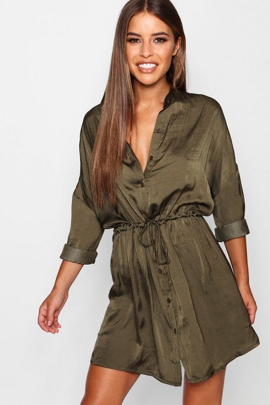 ファッションブランド カジュアル ファッション レディース ブーフー 小さめ サテン ネクタイ ドレス Shirt カーキ レディース Boohoo Petite Satin Tie Waist Shirt Dress Khaki ワンピース Southernoaksfuneralservice Com