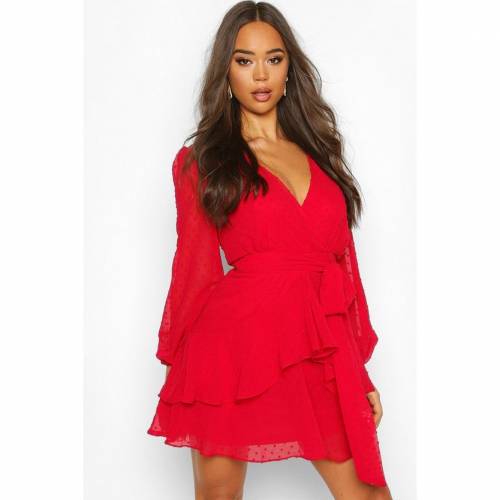 安い ブーフー Boohoo ドレス 赤 レッド Red Boohoo Ruffle Hem Dobby Chiffon Mini Dress レディースファッション ワンピース 柔らかい Ditreskrimum Ntb Polri Go Id