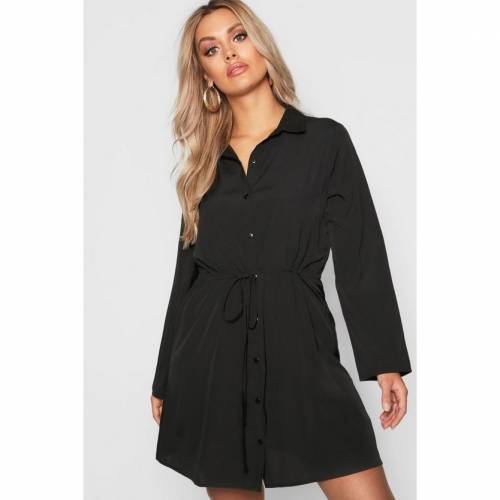 レディースファッション ワンピース ドレス Boohoo ブーフー 黒色 ワンピース レディースファッション Black Dress Shirt Waist Drawstring Plus Boohoo ブラック 福袋