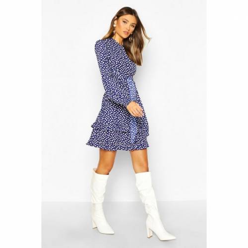 ファッションブランド ウーブン ファッション カジュアル Woven Shift ドレス Boohoo ブーフー ドレス Boohoo Dot Polka Boohoo Double Ruffle Hem Shift Dress Cobalt レディースファッション ドレス スニケス