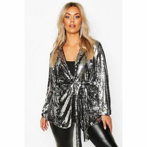 ブーフー Boohoo 一回り ブルゾン シルバーグレイ 銀 レディース Wrap Silver Boohoo Plus Belted Sequin Jacket 流行り物銘柄 軽い ファッション ジャケット パーカー ベスト Pasadenasportsnow Com
