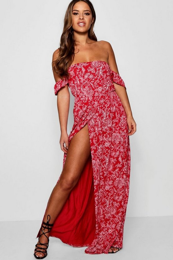 レディースファッション ワンピース 最新作の レッド 赤 ドレス ラップ 小さめ Boohoo ブーフー ワンピース レディースファッション Bardot Print Paisley Petite Boohoo Red Wrap マキシドレス