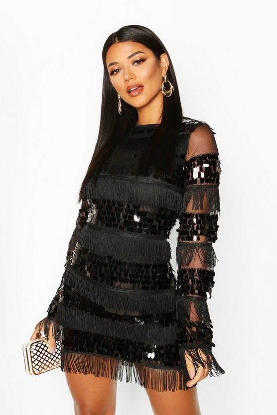 素晴らしい価格 ワンピース ドレス スリーブ ナイト Night Boohoo ブーフー 黒色 ワンピース レディースファッション Black Dress Bodycon Tassel And Sequin Night Boohoo Sleeve 長袖 ブラック Www Ernestokruger Com