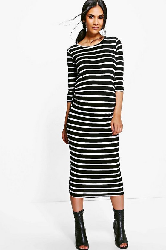 本物保証 ワンピース スリーブ Basics Boohoo ブーフー ドレス ワンピース レディースファッション Black Striped Maternity Basics Boohoo Sleeve ミディドレス 長袖 ブラック 黒色 Dgb Gov Bf