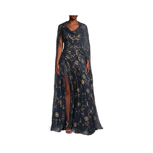 オスカーデラレンタ ロサンゼルス 紺色 ネイビー ゴールド レディース Oscar De La Renta Draped Frontslit Cape Gown Navy Gold Ice Org Br