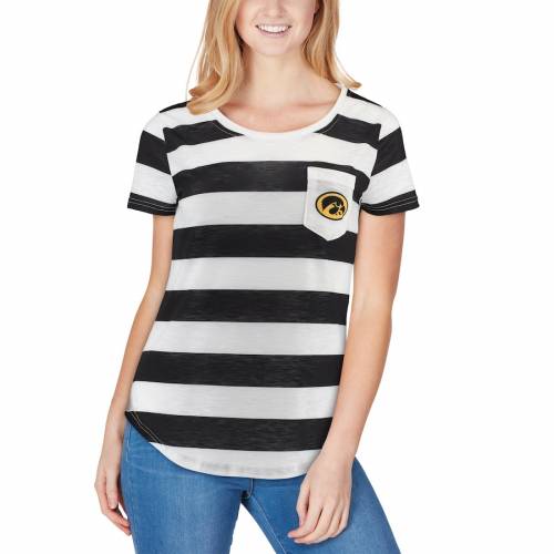 激安ブランド ズーザッツ Zoozatz アイオワ ホークアイズ レディース Tシャツ 黒色 ブラック 白色 ホワイト Women S Zoozatz Yardline Striped Pocket Tshirt Black White レディースファッション トップス Tシャツ メーカー包装済 Fiker Org