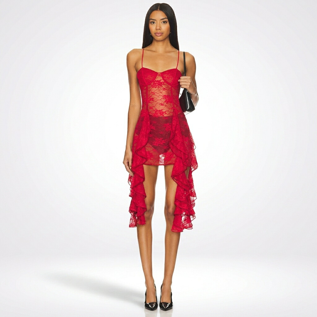 Oseree Soft Lace Volant Mini Dress レース ミニ ドレス レディース 赤｜スニケス 31,525円