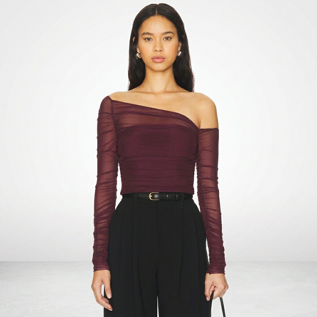 Ser.o.ya Shauna 非対称 メッシュ トップス レディース メルロー ぶどう酒赤いこと