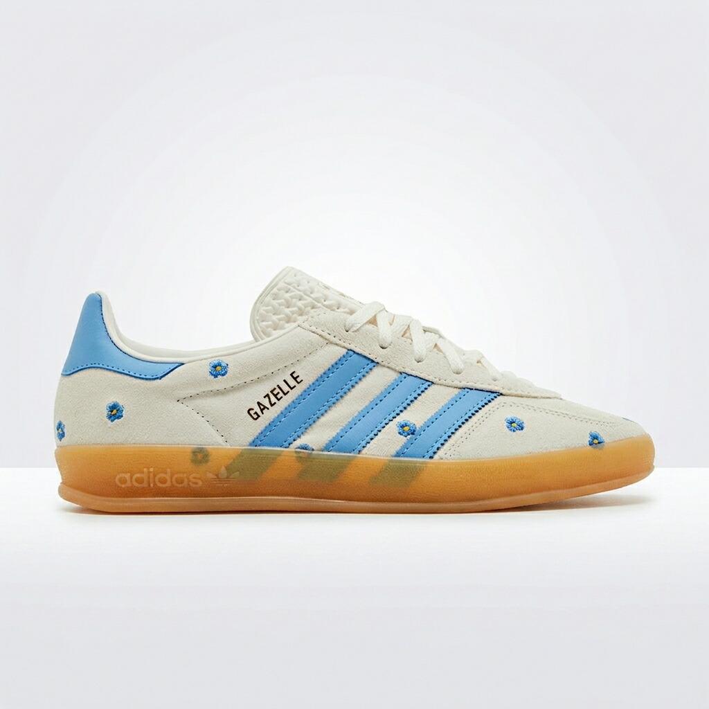 アディダス ガゼル インドア 花柄 刺しゅう レディース スニーカー 青色 ベージュ ADIDAS GAZELLE