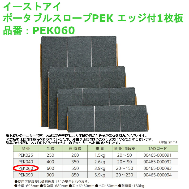 車椅子 段差解消 屋外用 介護 軽量 バリアフリー イーストアイ ポータブルスロープPEK エッジ付1枚板 品番：PEK060