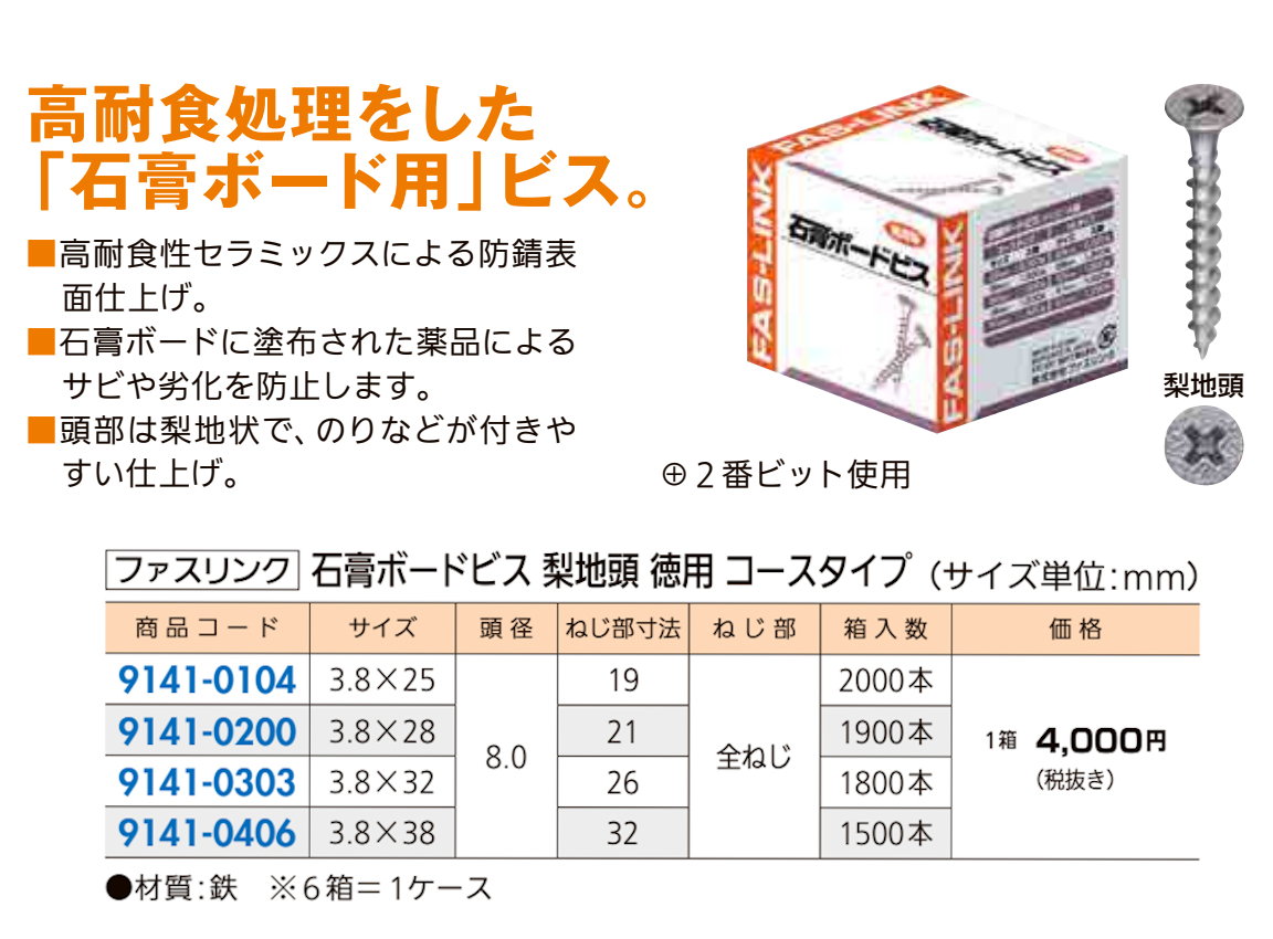 楽天市場 ねじ 釘 ビス ファスリンク 石膏ボードビス 梨地頭 3 8 38mm 頭径8 0mm ネジ部寸法32mm 1500本入 ジュールプラス楽天市場店