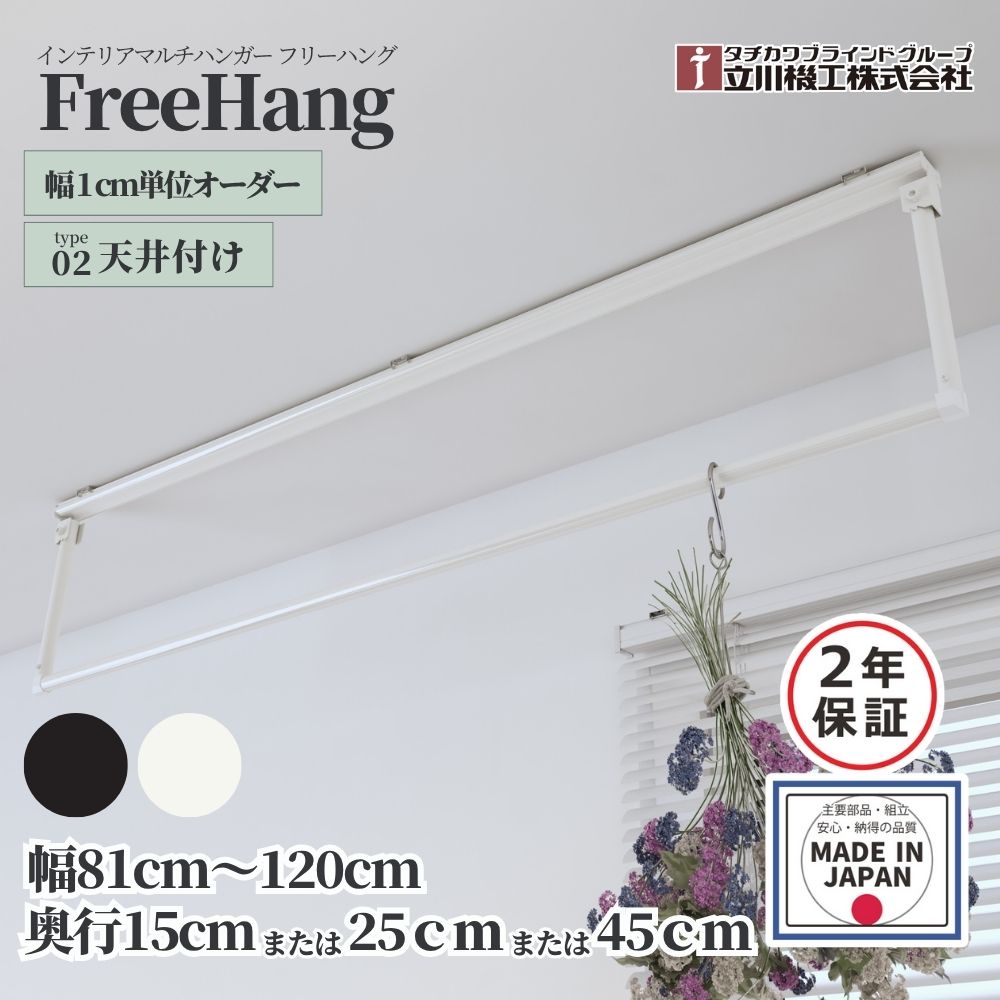 ハンガーパイプ マルチハンガー フリーハング 立川機工 TYPE2 天井付 幅81～120cm×高さ15cm/25cm/45cm オフホワイト ブラック オーダー1cm単位 パイプハンガー