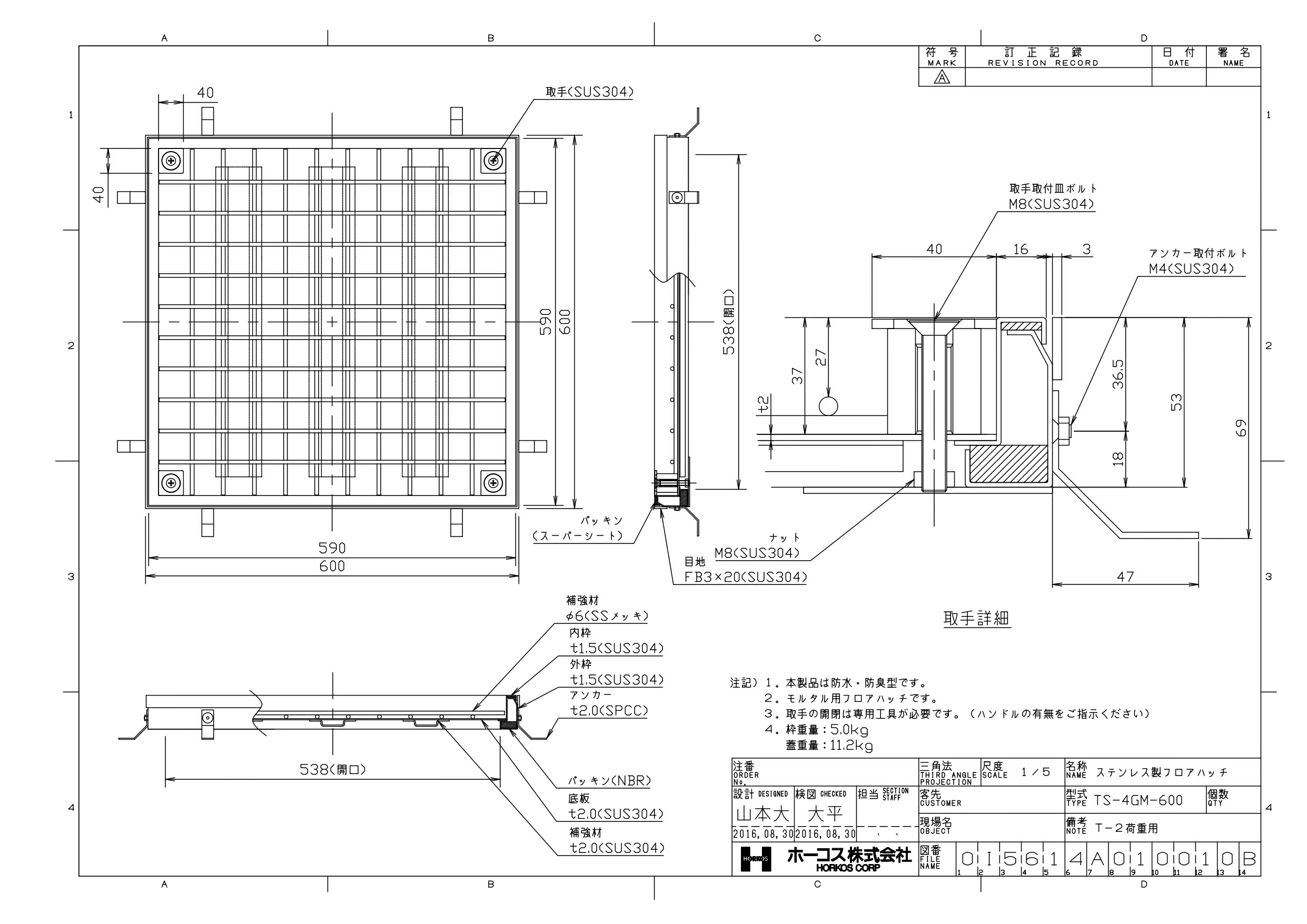 国内正規総代理店アイテム ホーコス ステンレスフロアハッチ 歩行用 モルタル充填用 TS-1M-600