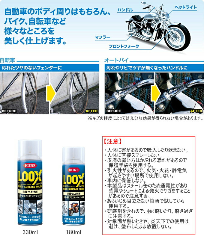 楽天市場 ルックス 180ml 1184 Rcp 日本製 金属 硬質プラスチック メッキ スプレー 泡タイプ 表面仕上げ剤 汚れ落とし キズ消し ツヤ出し 車 自動車 オートバイ 自転車 店頭受取対応商品 ｊｏｙアイランド