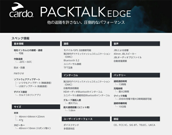 Cardo（カルド） PACKTALK EDGE 22年9月発売 バイク用インカム パック