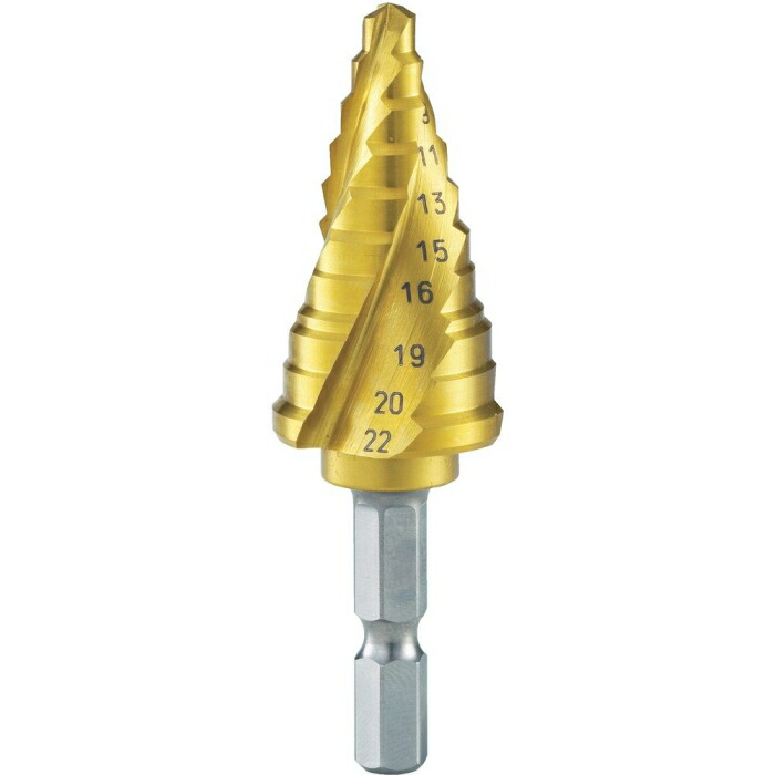 TRUSCO トラスコ中山 ＴＲＵＳＣＯ　３枚刃スパイラルステップドリル（六角軸）２２ｍｍチタンコート 3S-NMS-22G 3521168