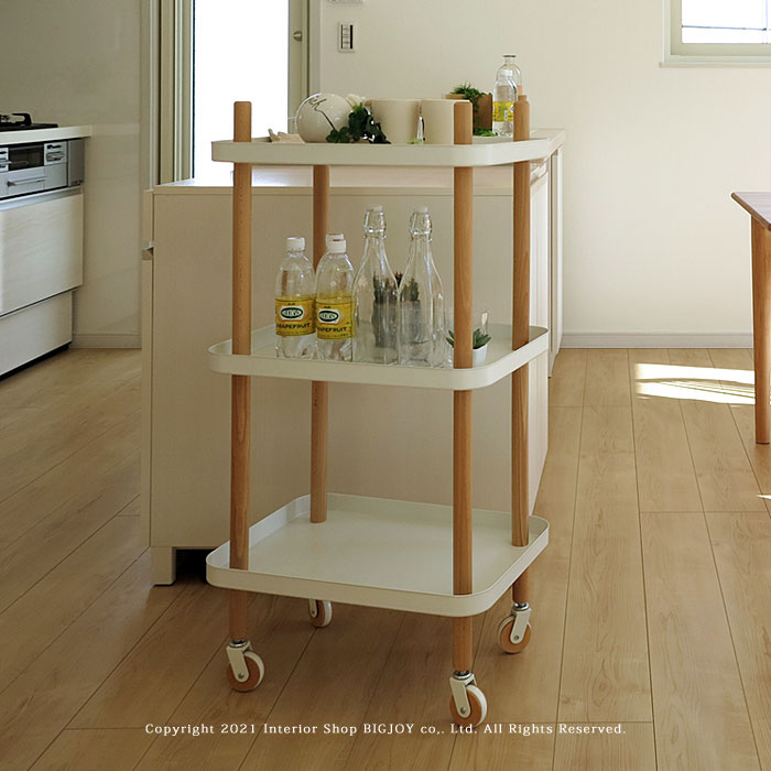 楽天市場 キッチンワゴン ダイニングワゴン キャスターワゴン ナチュラルテイスト キャスター付き オープンラック シェルフ ビーチ材 ホワイト Joystyle Interior