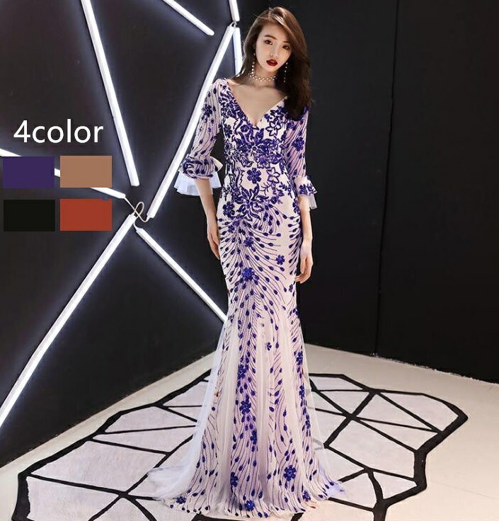 マーメイドドレス カラードレス 演奏会 Long dress パーティードレス ロングドレス 結婚式 二次会 衣装 舞台 披露宴 演奏会 発表会 ピアノ 大きいサイズ イベント用 キャバドレス 袖あり コーラス衣装 20代 30代 40代｜ジェピッフ