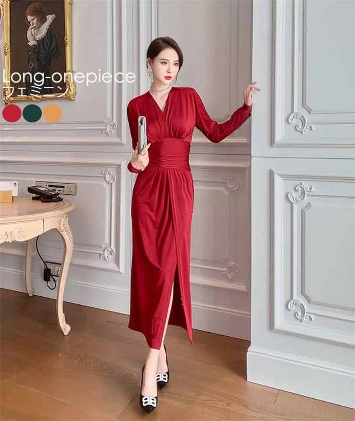 ワンピース フェミニン タイトワンピース エレガント Vネック セクシー パーティードレス スリット 長袖 春秋 レディース 優雅 フォーマル 通勤 オフィス 仕事 カジュアル ロング丈ワンピース お呼ばれ 結婚式 二次会 女子会 30代40代50代 着 海外正規品