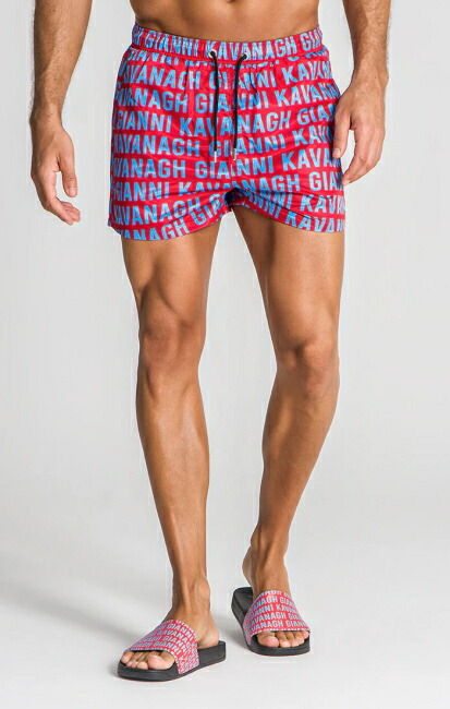 Gianni Kavanagh ジャンニカヴァナ 水着 メンズ スイムウェア 赤 レッド ビーチウエア 短パン ショートパンツ 柄パンツ ロゴ 柄水着 ショート丈 海パン 海水パンツ 速乾 サーフパンツ ボードショーツ スイムショーツ ショート丈 タイポ スイムショーツ