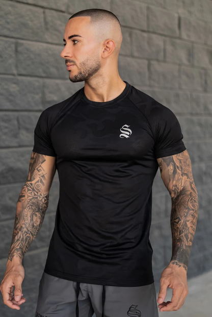 Sinners Attire シナーズアタイア Tシャツ メンズ トップス 黒 くろ ブラック 半袖Tシャツ 迷彩柄 カモ ジムTシャツ ジムウエア 筋トレ スポーツウエア トレーニング カジュアル ロゴTシャツ おしゃれ メンズファッション ハイブリッド アサルトTシャツ