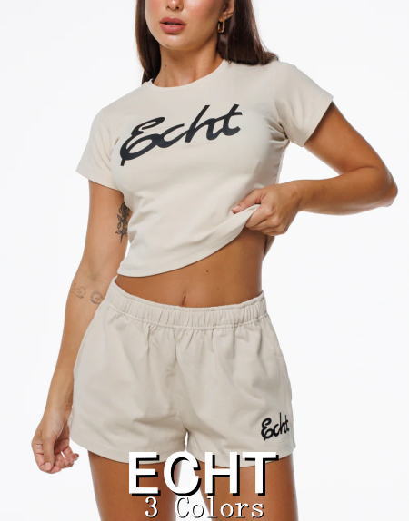 ECHT トレーニングウェア Tシャツ レディース 海外ブランド 大きいサイズ スポーツウェア Tシャツ レディース ジム 筋トレ 半袖 クロップ丈 スリムフィット スクリプト グラフィック クロップド Tシャツ フィジーク レディース ボディビル ECHT エクト 【トップス単品】|JPLAMP