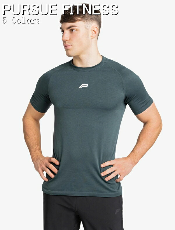 PURSUE FITNESS スポーツ Tシャツ メンズ 大きいサイズ スポーツウェア Tシャツ メンズ 半袖 ジム 筋トレ フィジーカー Tシャツ スリムフィット 4ウェイストレッチ ラグラン シームレス トレーニングTシャツ ボディビル Tシャツ フィジーク ウェア 【トップス単品】
