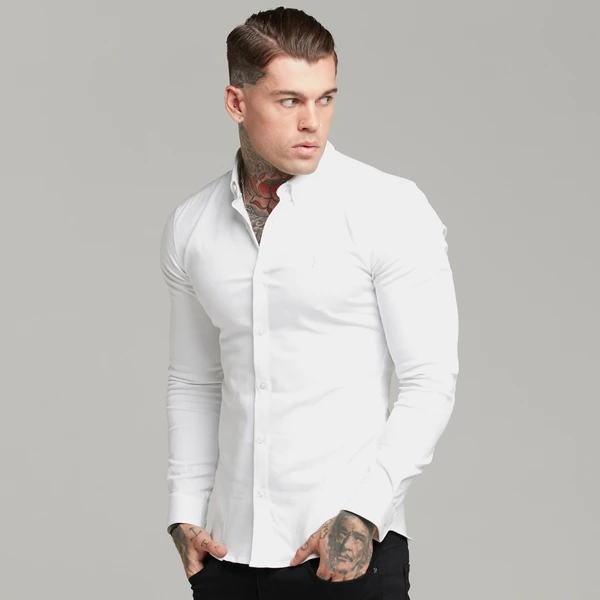 FATHER SONS ファーザーサン シャツ 長袖 マッスルフィット シャツ メンズ 長袖 ドレスシャツ 大きいサイズ ストレッチ ボディビル スーパースリム ボタンダウンストレッチデニムシャツ 【ＵＫ発】【取寄せ】【送料無料】【トップス単品】