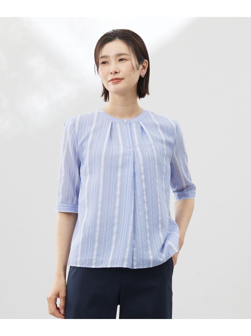 【SALE／50%OFF】【洗える】SHEERストライプ クルーネック ブラウス J.PRESS ジェイプレス トップス シャツ・ブラウス ブルー ホワイト【RBA_E】【送料無料】[ Fashion]