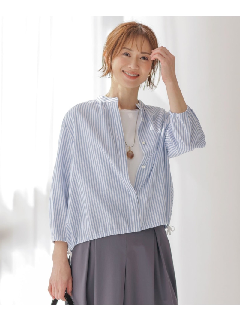 【SALE／40%OFF】【洗える・接触冷感・吸水速乾】麻STRIPE バンドカラー シャツ ブラウス J.PRESS ジェイプレス トップス シャツ・ブラウス ブルー ブラウン【RBA_E】【送料無料】[ Fashion]