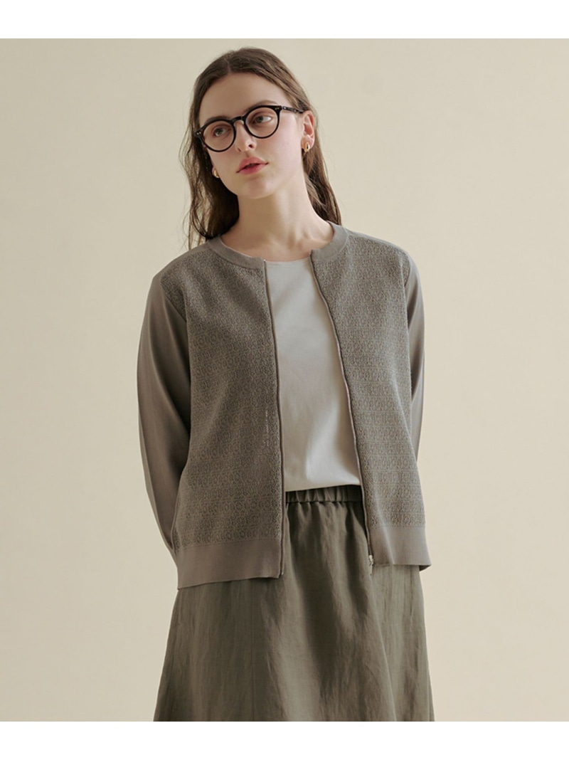 Lace Jacquard ニット ブルゾン J.PRESS ジェイプレス ジャケット・アウター ブルゾン・ジャンパー ネイビー ブラウン ホワイト【送料無料】[ Fashion]