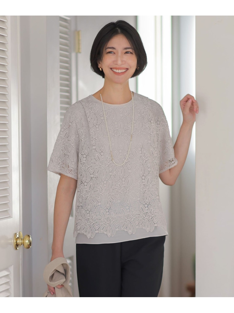 レースコンビジャージー カットソー J.PRESS LADIES L ジェイプレス トップス カットソー・Tシャツ ホワイト ブルー グレー【送料無料】[ Fashion]