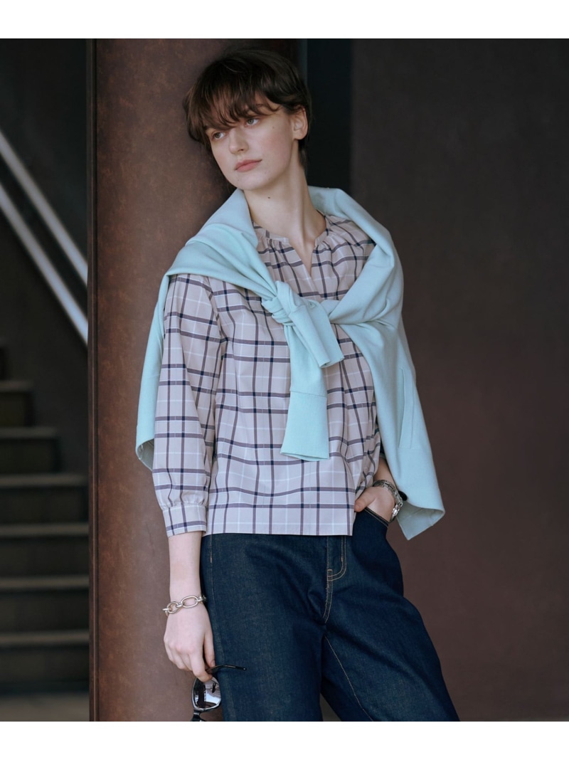 【SALE／50%OFF】【洗える】コンパクトチェック スタンドカラー ブラウス J.PRESS ジェイプレス トップス シャツ・ブラウス ベージュ ネイビー【RBA_E】【送料無料】[ Fashion]