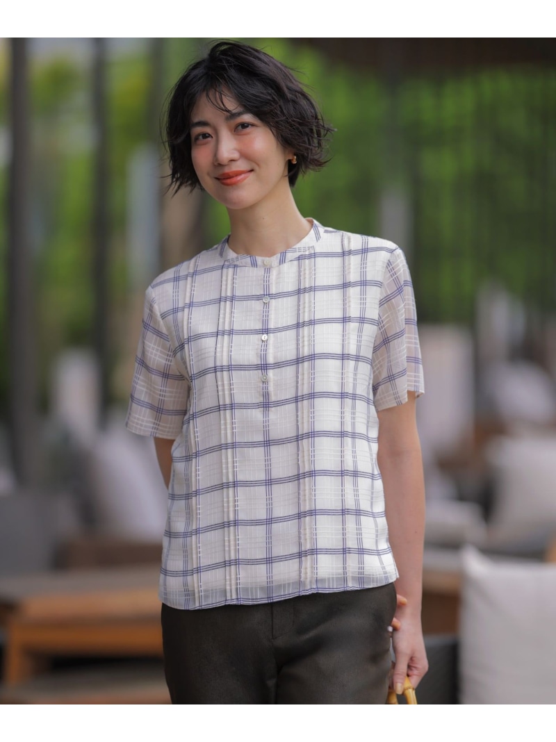【一枚で着映え・シーンレスに活躍】シアーチェック バンドカラー カットソー J.PRESS LADIES L ジェイプレス トップス カットソー・Tシャツ ホワイト ブラック【送料無料】[ Fashion]｜J.PRESS