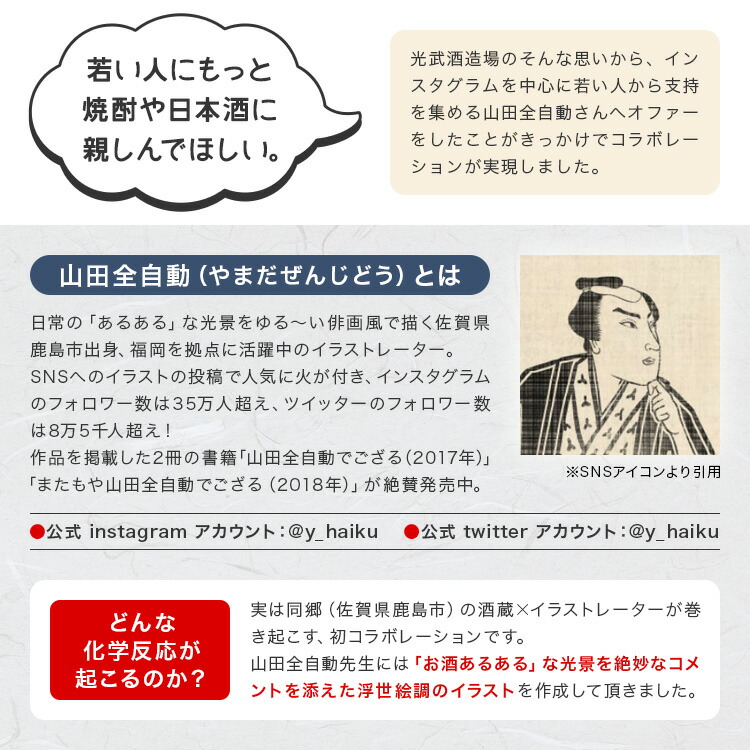 楽天市場 九州 ギフト 21 光武酒造場 山田全自動 日本酒でござる もうお酒は飲まない 仕事は飲むため どんだけ酔っぱらっても 15度 7ml 佐賀県 鹿島市 純米酒 清酒 イラストレーター インスタグラム コラボ コラボレーション プチギフト 九州 酒 常温 ｊｒ九州