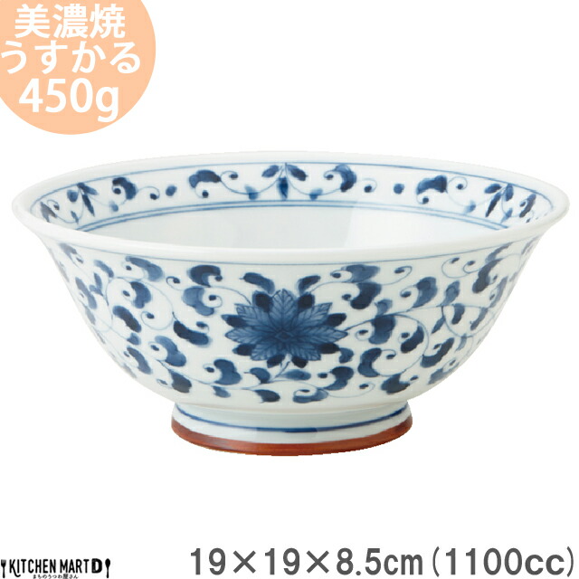 うすかる 藍凛堂 菊唐草 19.3×8.5cm 麺鉢 450g 1100cc 美濃焼 和食器 国産 日本製 軽い 軽量 ラーメン うどん そば 丼  大きい 丸 深い ボウル おしゃれ 陶器 磁器 食器 染付 青 中華 和食 業務用 レンジ対応 食洗機対応