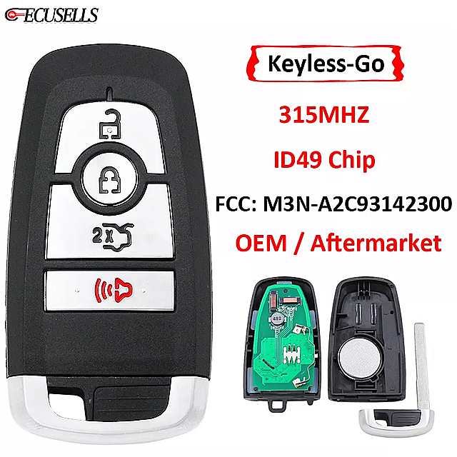 キーレスエントリー 4ボタン リモート 車 の キー 315mhz ID49 フォード フュージョン エッジ エクスプローラー マスタング 2017-2020 fcc id: m3N-A2C93142300