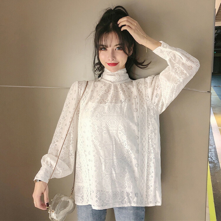 8 1まで限局必要経費 レーストップ 透かしレース シースルートップス 長袖 ハイネック インナートップス スカラップレースブラウス 白色 スプリング朱夏 めんこいめ デイリー洒落た 成年者インフォーマル S大きさ Mサイズ Lサイズ 大人きれい Jsファッション 1玉兎