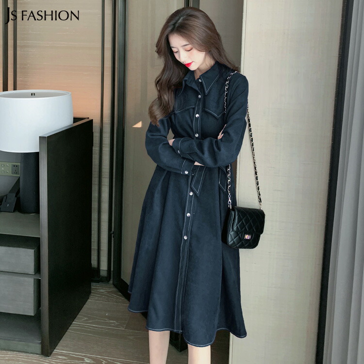 送料無料 シャツワンピース風 フロントボタン ウエストリボン Aラインワンピース ミモレ丈 ミディアム丈 膝下丈 春ワンピ 長袖 きれいめ デイリーおしゃれ 大人カジュアル S M L Xl 大きいサイズ 大人可愛い Jsファッション 2104 2月新作 Salon Raquet De