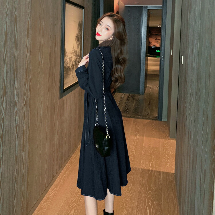 送料無料 シャツワンピース風 フロントボタン ウエストリボン Aラインワンピース ミモレ丈 ミディアム丈 膝下丈 春ワンピ 長袖 きれいめ デイリーおしゃれ 大人カジュアル S M L Xl 大きいサイズ 大人可愛い Jsファッション 2104 2月新作 Salon Raquet De