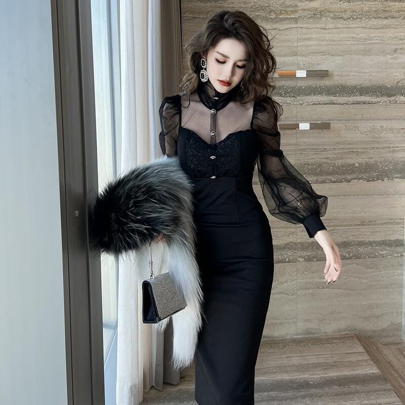 楽天市場】ドッキングワンピース シースルー ボリューム袖 パーティー